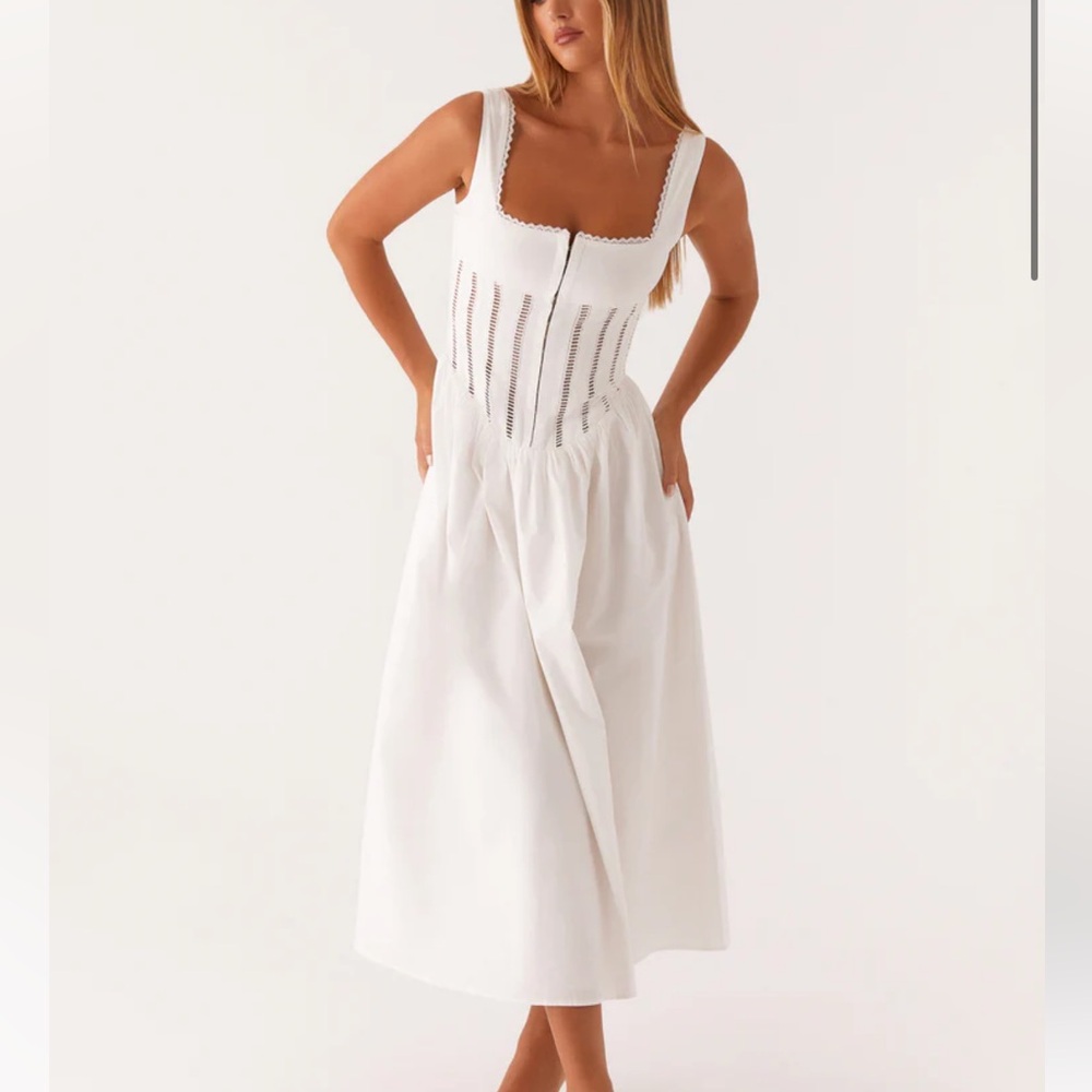 Peppermayo White Midi Dress with Corset Detail